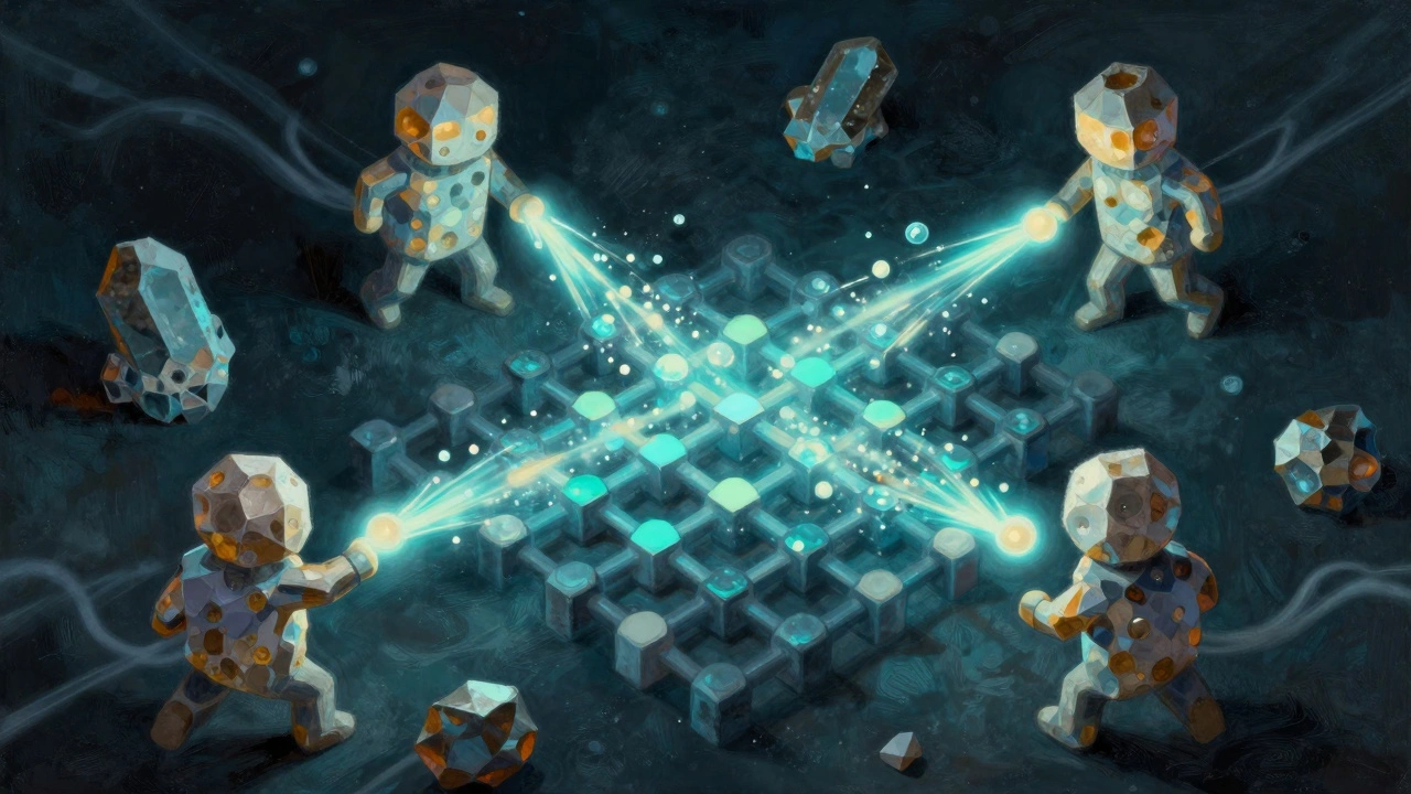 Четыре минерала цемента, взаимодействующие с водой, образуя кристаллическую сеть.