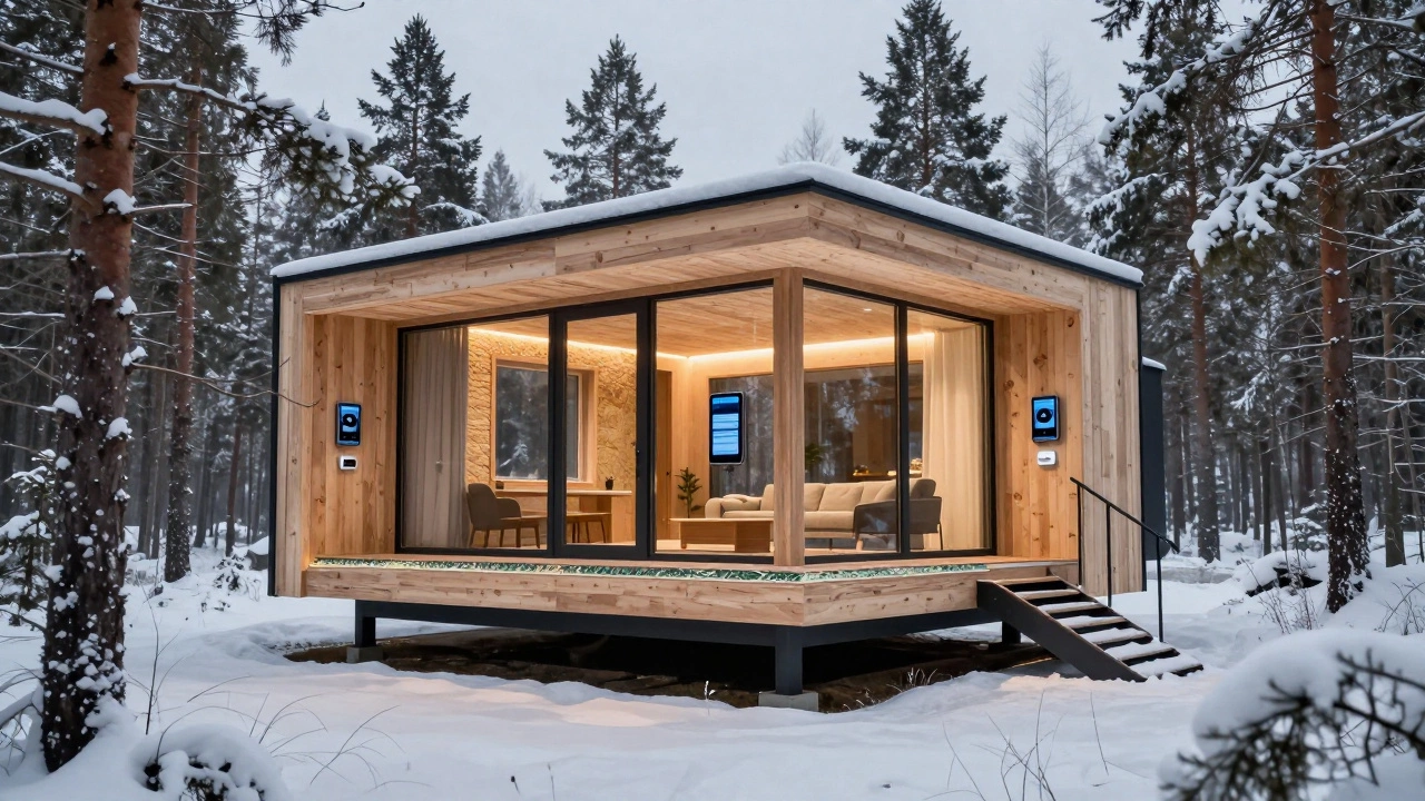 Деревянный дом из клееного бруса в лесу, с большими окнами и встроенными датчиками в стенах, снег вокруг.