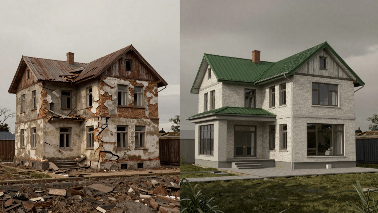 До и после реконструкции дома: старое здание с трещинами и новое — расширенное с зелёной крышей и большими окнами.