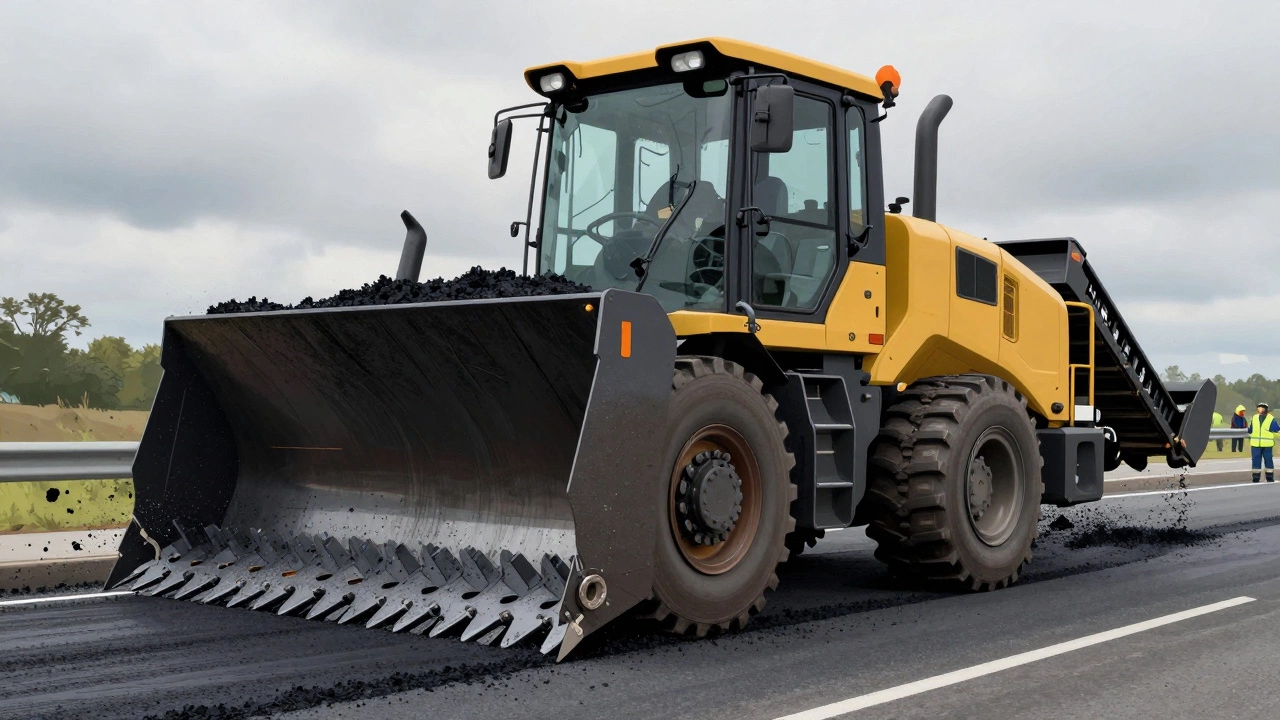 Катерпиллер 349 удаляет 8 см асфальта с трассы, крошку увозят в грузовик, вокруг — туман от орошения.