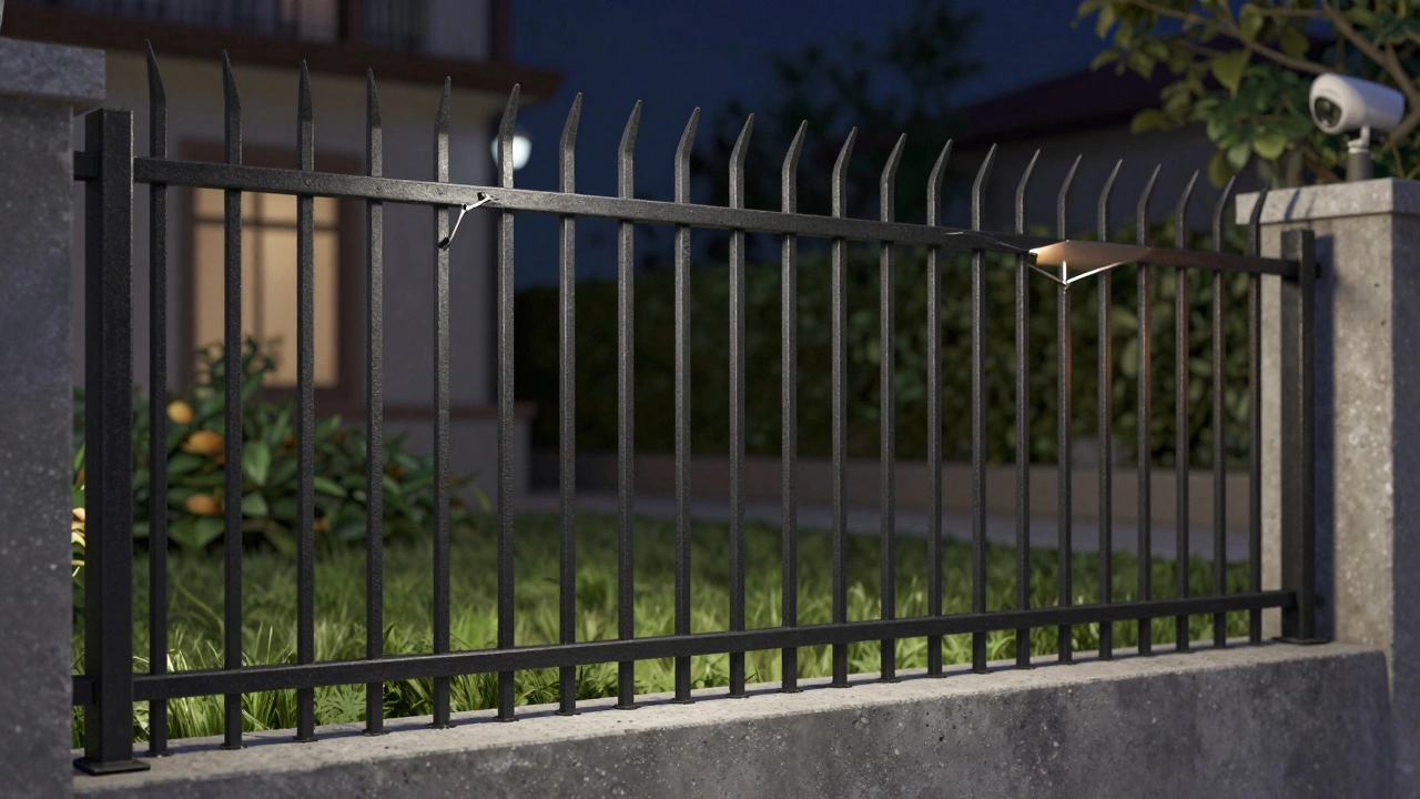 Кованый стальной забор с вертикальными прутьями и загнутыми верхними элементами, установленный на бетонный фундамент.