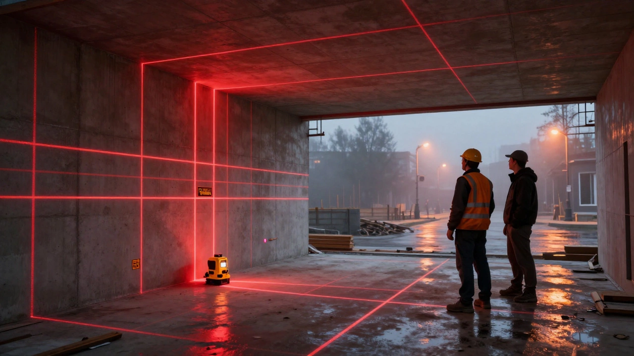 Лазерный уровень проецирует точные линии на стены и пол на строительной площадке.