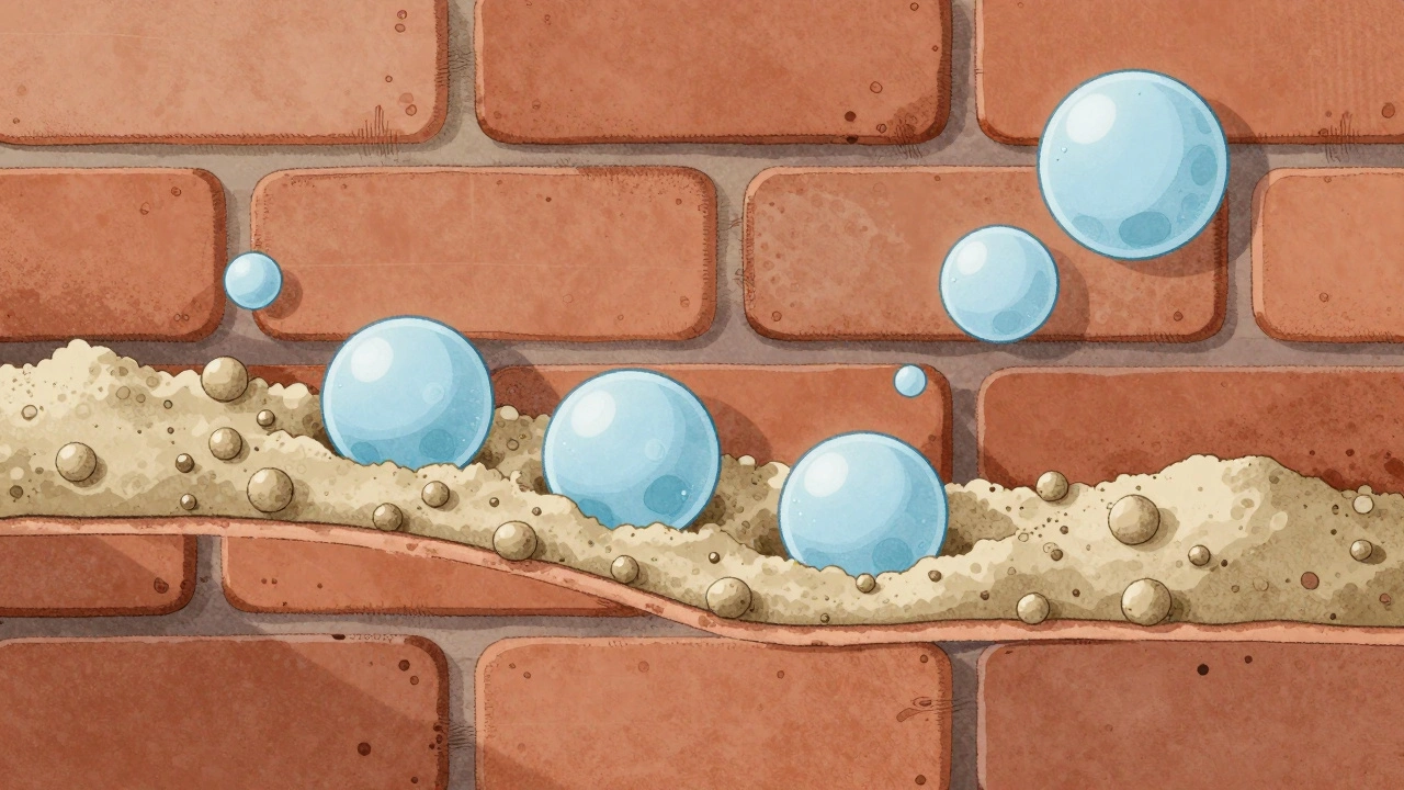 Микроскопический разрез раствора с воздушными пузырьками, действующими как смазка.