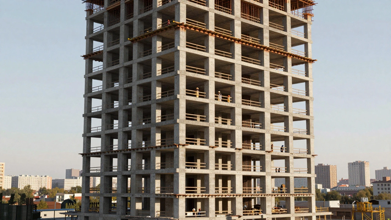 Монолитный жилой дом в процессе строительства, бетон заливается в опалубку, арматура и рабочие на лесах.