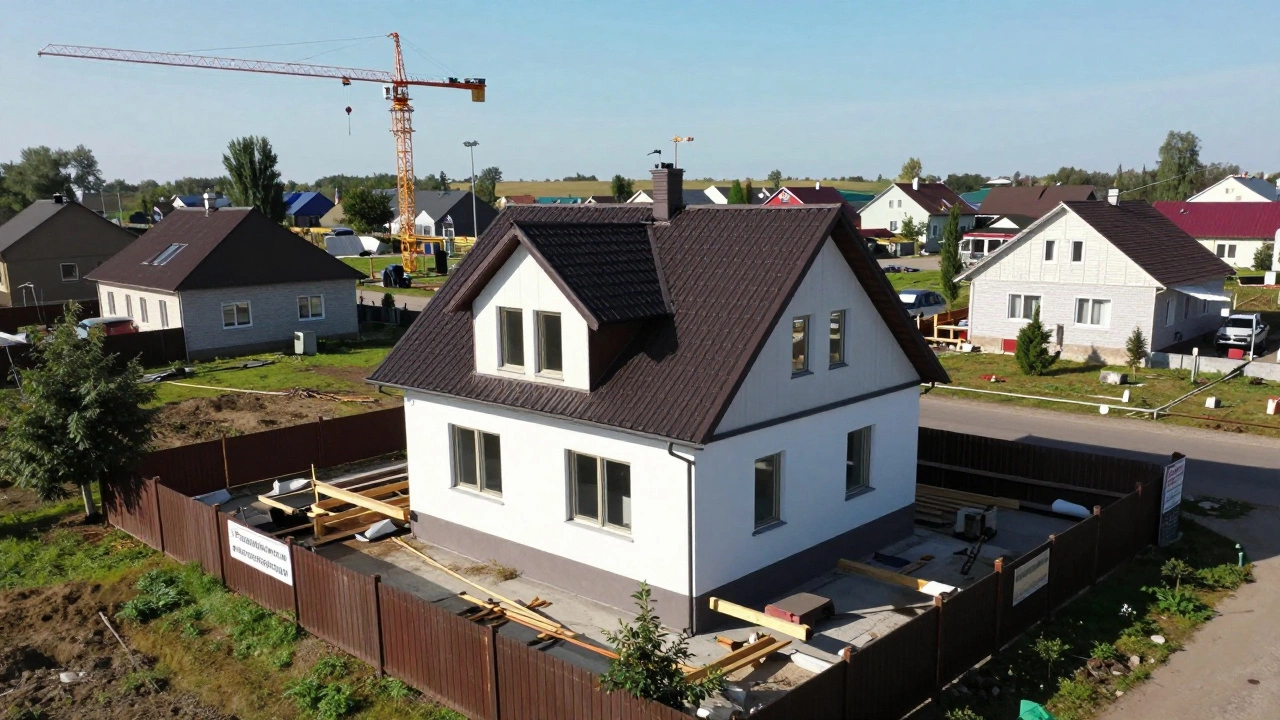 Одноэтажный дом с добавленным вторым этажом и мансардной крышей на тихом приусадебном участке в России.