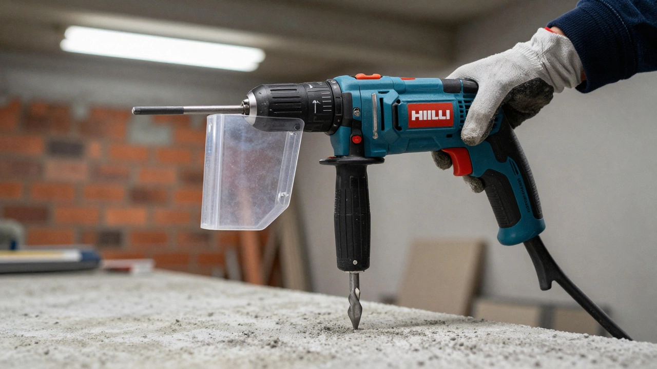 Перфоратор с системой подавления вибрации работает на бетоне, подключён к пылесосу.