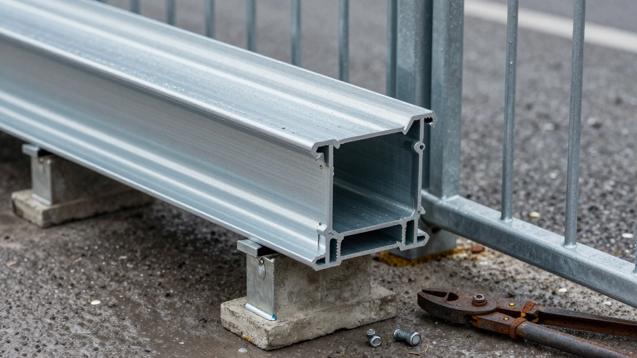 Профлист толщиной 0,7 мм на стальных столбах с бетонными основаниями, без следов повреждений.