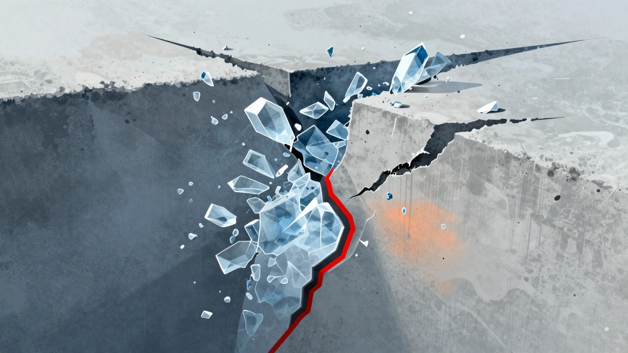 Разрез бетона с трещинами от внутреннего льда, показывающий разрушение структуры.