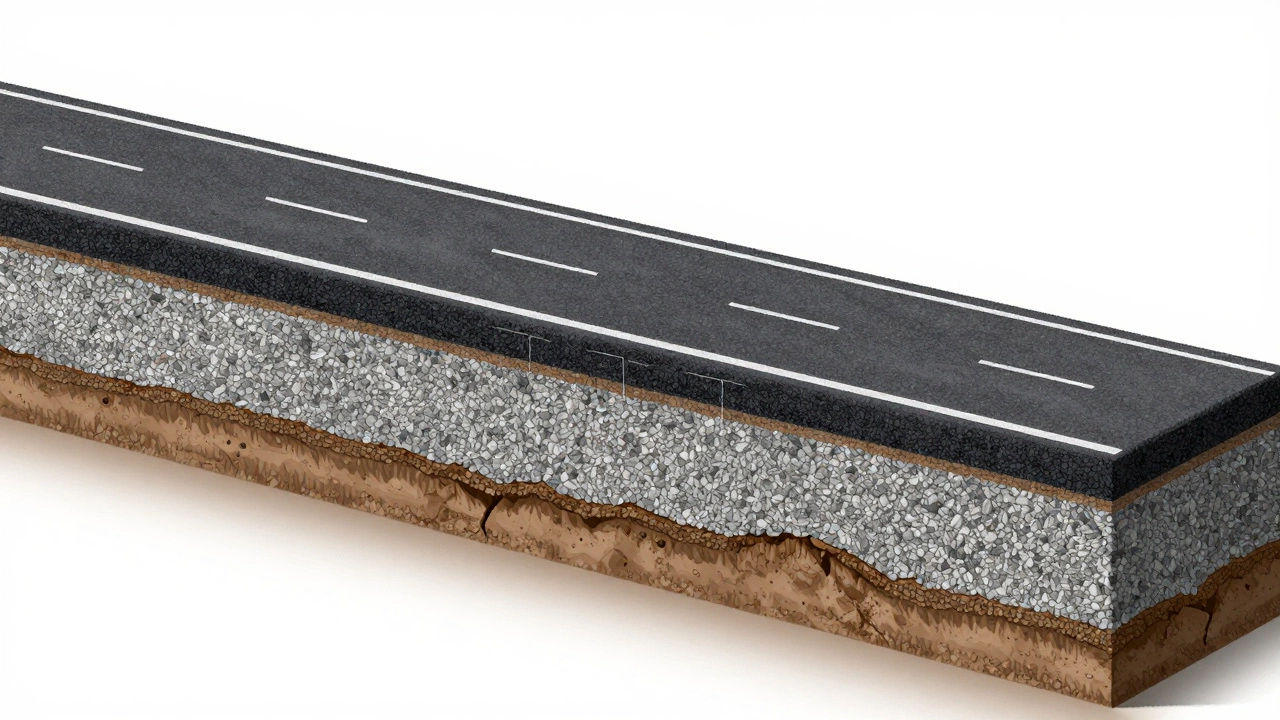 Разрез дороги с показом слоев: грунт, геотекстиль, щебень и многослойный асфальт.