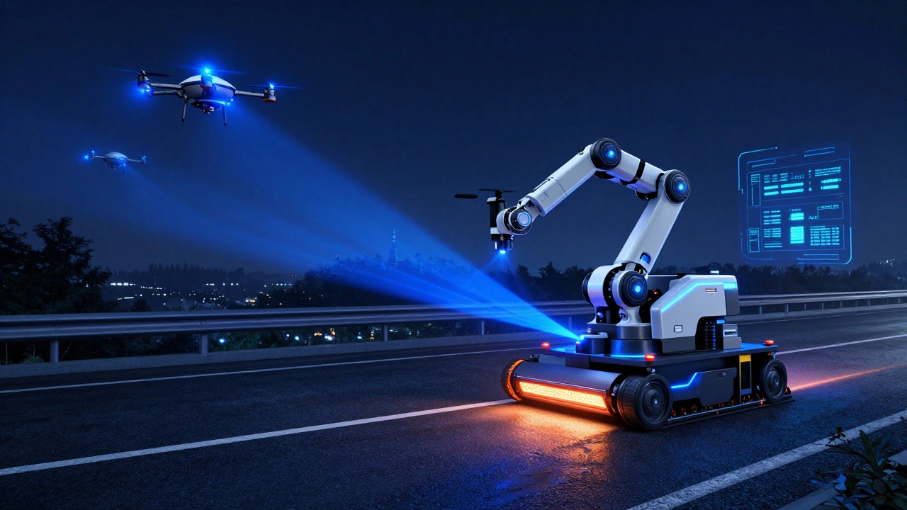 Робот с лазером выравнивает асфальт на трассе ночью, над ним летают дроны.