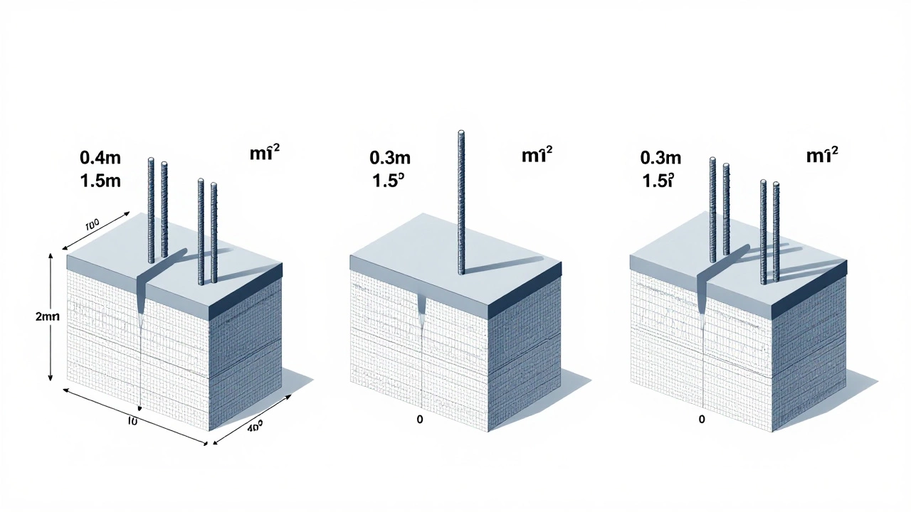 Схематичное изображение трех типов фундаментов с указанными размерами и арматурой, выполнено в техническом стиле.