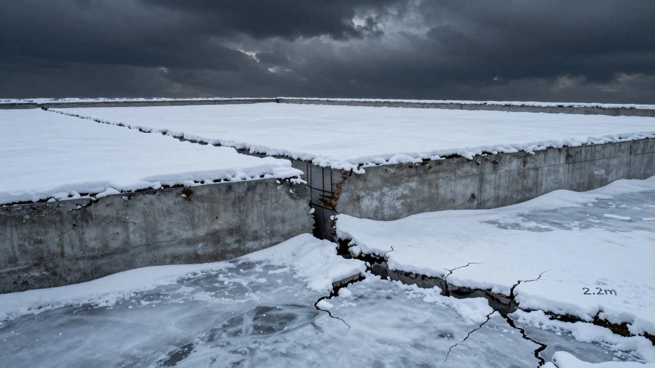 Сравнение треснувшего и целого фундаментов под снегом, демонстрирующее последствия ошибки в расчетах глубины.
