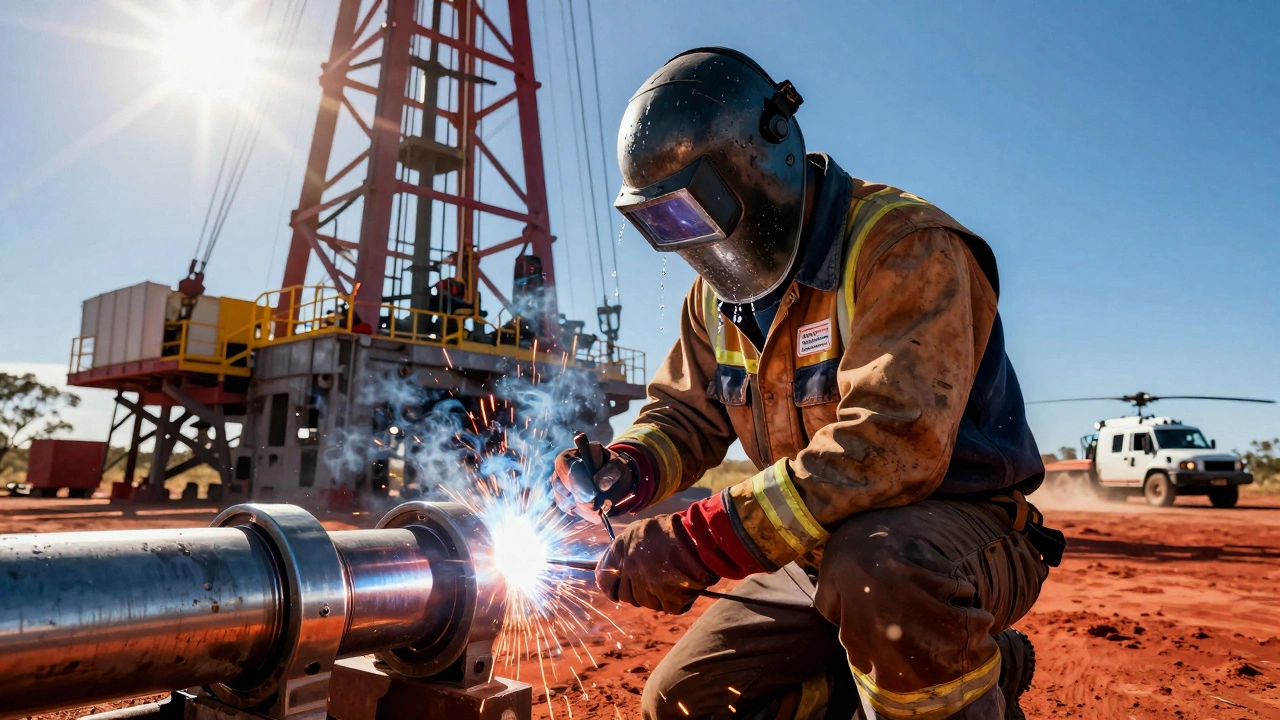 Сварщик в Западной Австралии на нефтегазовой вышке, искры летят от титановой трубы под пыльным солнцем.