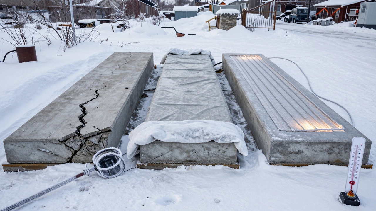 Три бетонные плиты: разрушенная, утеплённая и с электропрогревом на снегу.