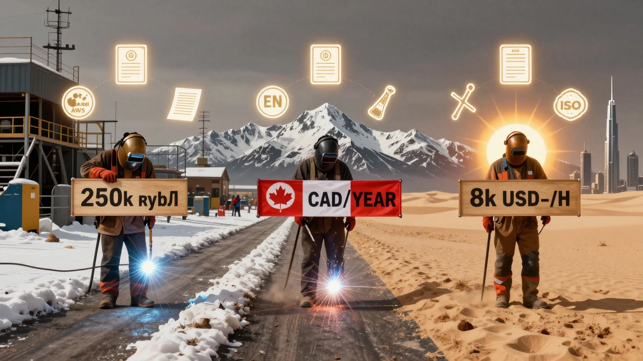 Три пути сварщика: Россия, Канада, ОАЭ — с символами зарплат и международных сертификатов.