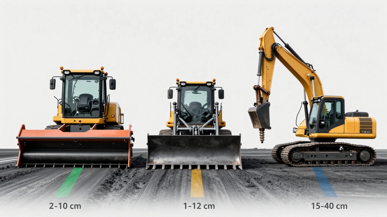 Три типа техники для снятия асфальта: фрезер, экскаватор с молотом и асфалькосниматель в разрезе с указанием глубин.