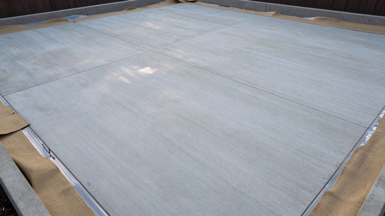 Бетонная площадка с ровными швами, покрытая влажной мешковиной, без следов нагрузки и с бордюром по краям.