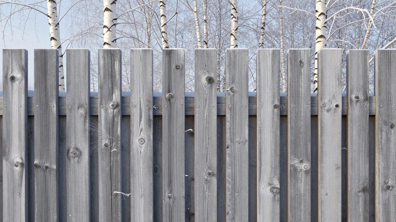 Деревянный забор из термодерева с зазорами между рейками под зимним солнцем