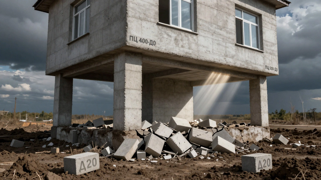 Фундамент как позвоночник дома: прочный бетон под домом, разрушающийся цемент — в земле.