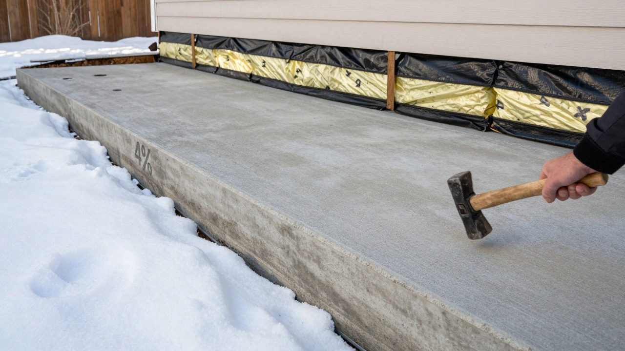 Фундамент с отмосткой шириной 70 см и уклоном, утеплённый снаружи, без признаков разрушения.