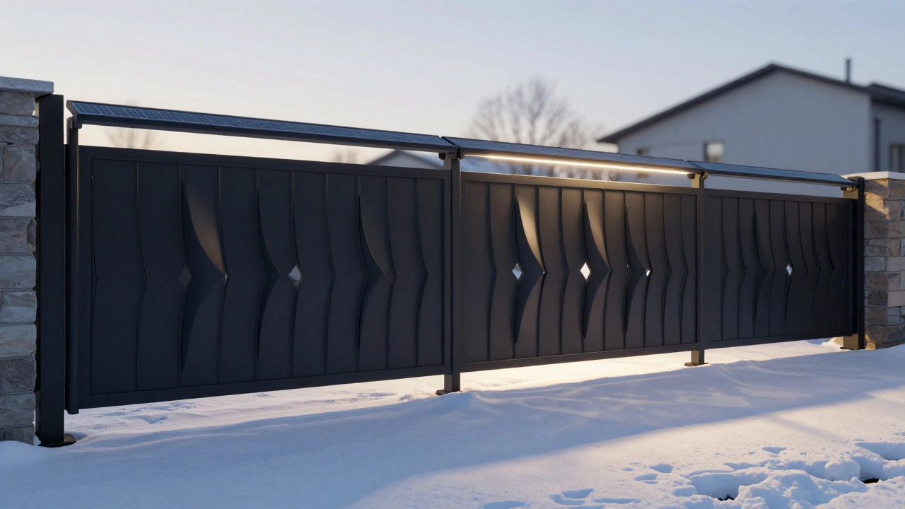 Металлический забор с геометрическим узором и встроенными солнечными панелями в сумерках