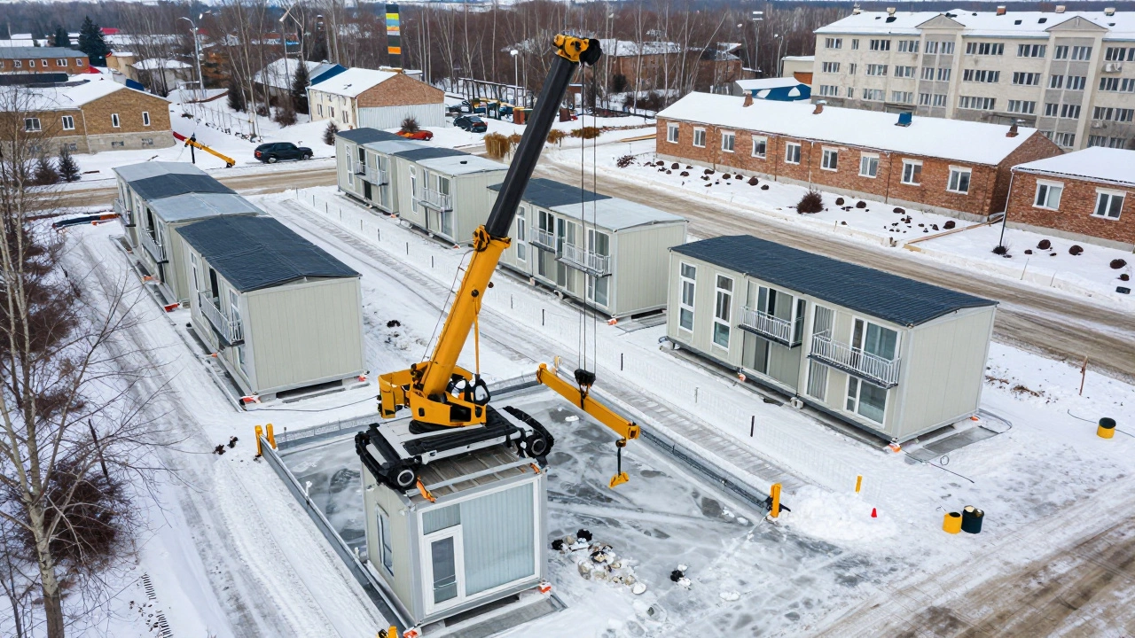 Модульные дома собираются на снежном участке в Новосибирске с помощью крана, каждый модуль уже с окнами и кровлей, рядом — традиционные кирпичные здания.