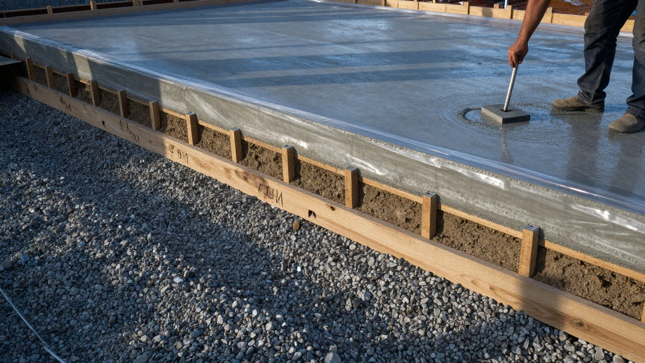 Поперечный разрез бетонной площадки с утрамбованной подушкой, расширительными швами и укрытием из пленки.