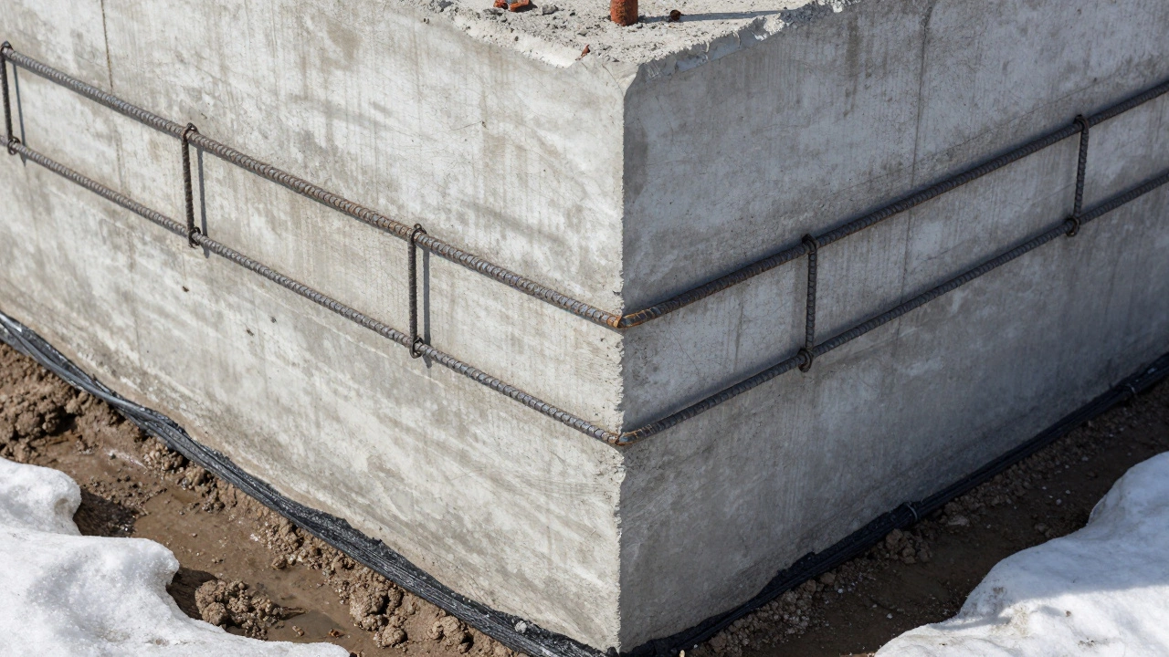 Правильно армированный бетонный фундамент с двумя слоями арматуры, не касающейся земли, с гидроизоляцией.