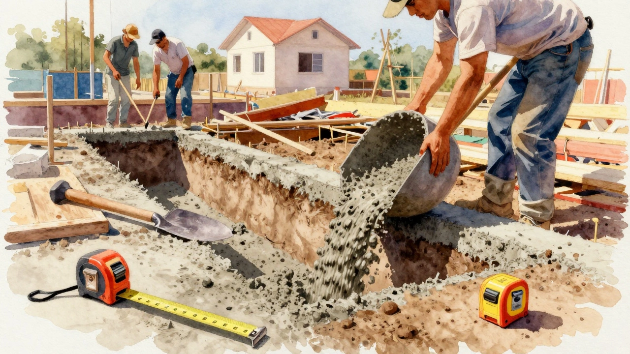 Рабочие заливают бетон в траншею ленточного фундамента на солнечном поле.