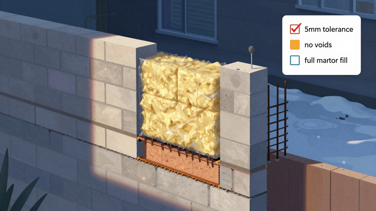 Разрез стены дома: блоки, утеплитель, армирование и герметичные швы при строительстве второго этапа.