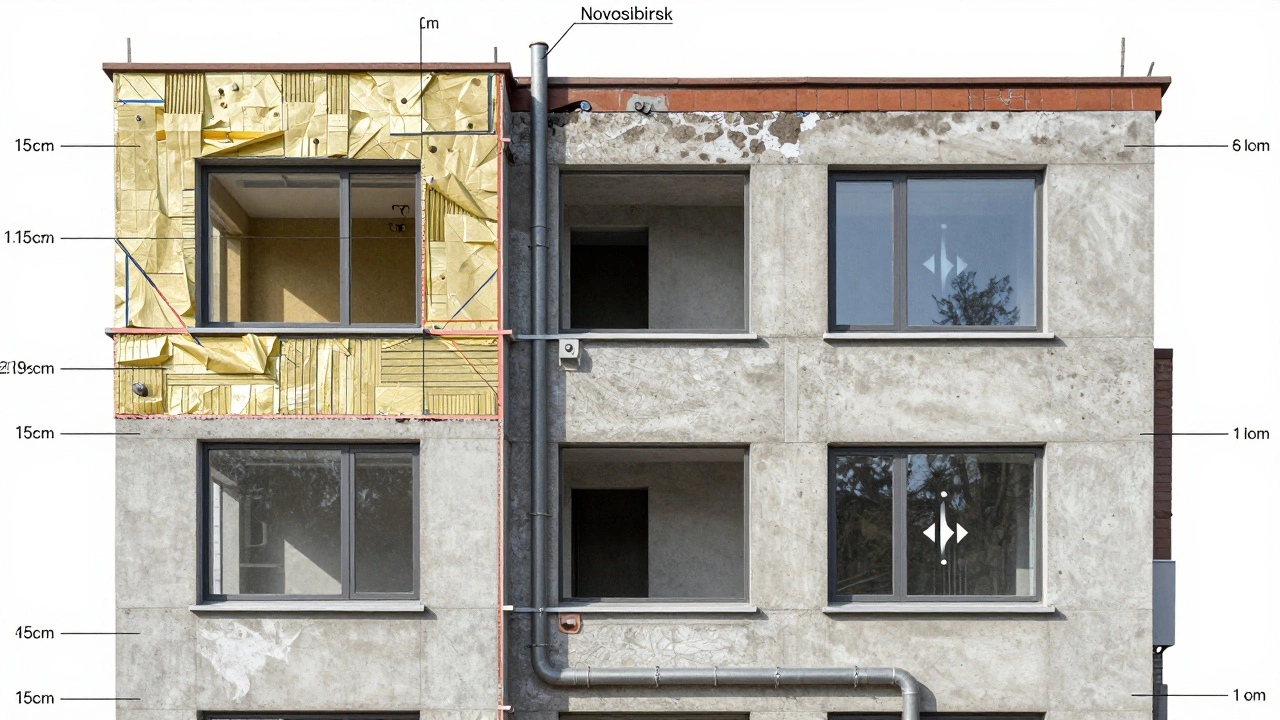 Разрез здания, показывающий слои утепления, трубопроводов и оконных блоков в доме после реновации.