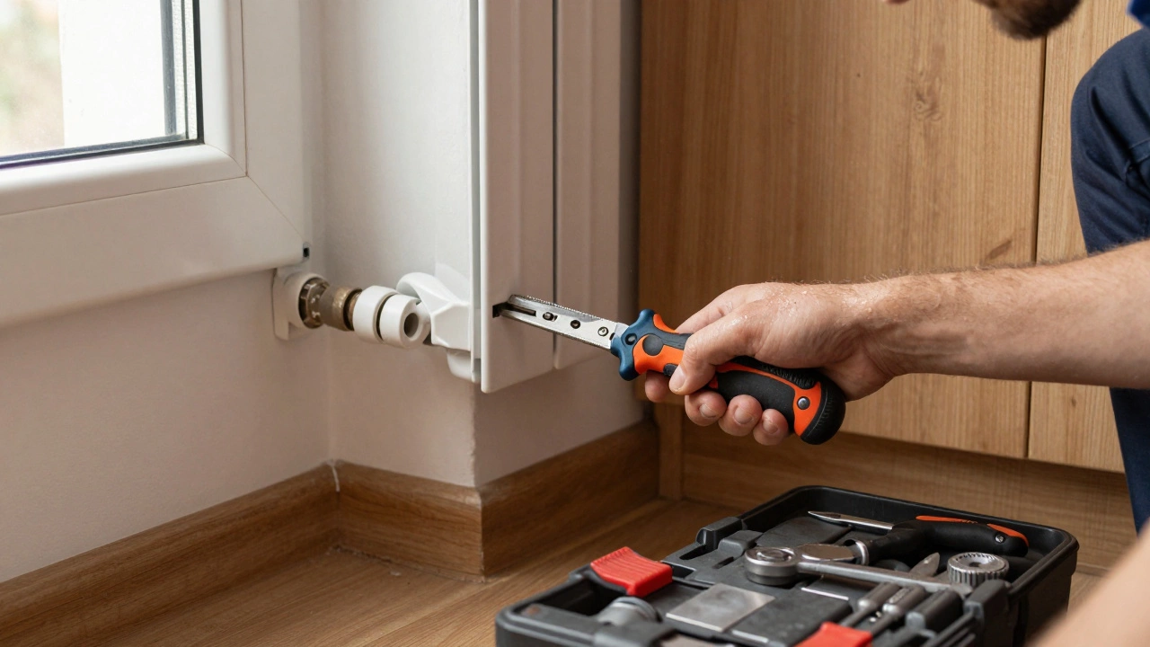 Ремонтник аккуратно режет за батареей, используя компактный многофункциональный инструмент.