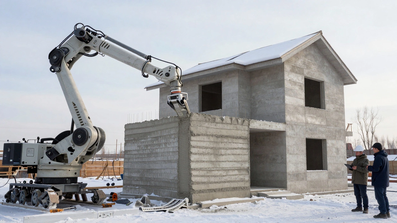 Робот печатает бетонную стену на снежном участке в Новосибирске, без опалубки, рядом — готовый дом, инженеры наблюдают за процессом на планшете.