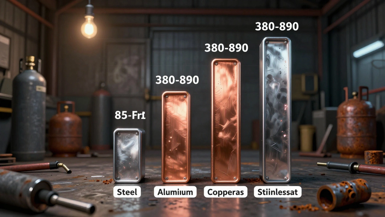 Сравнение стоимости сварки: сталь стоит 85 рублей за метр шва, алюминий — 420, медь — 890, на фоне инструменты и баллоны.