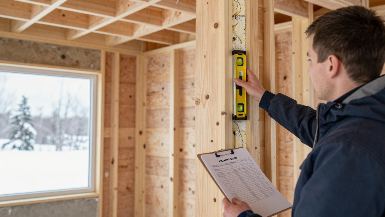 Владелец дома проверяет геометрию стен лазерным уровнем вместе с инспектором на этапе возведения каркаса.