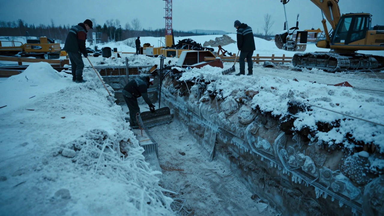 Зимняя стройка в Сибири: глубокая траншея в мерзлом грунте, рабочие в теплой одежде.