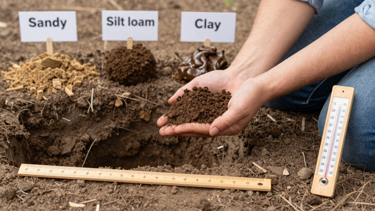 Человек проверяет почву на участке: в руке комок грунта, рядом три типа почвы для сравнения.