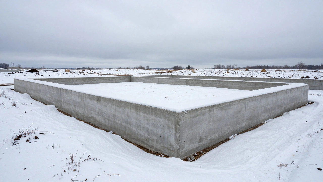 Готовый бетонный фундамент в зимнее время года