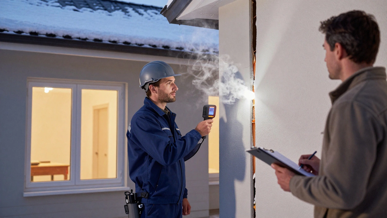 Инженер проверяет дом тепловизором, окна герметичны, внутри тепло, за окном — снег.