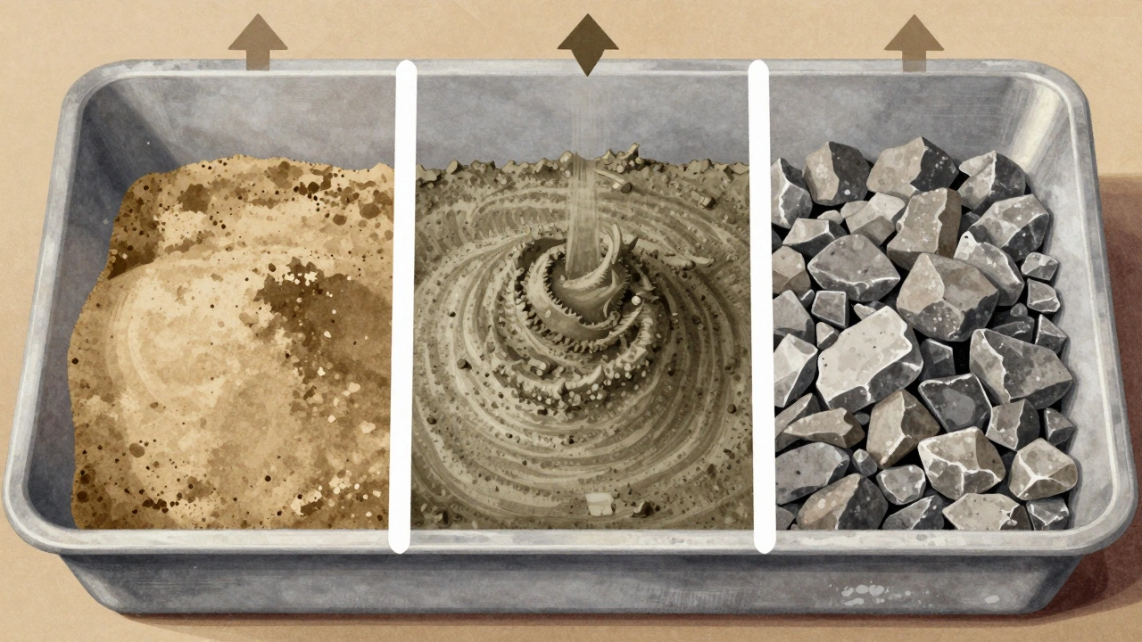 Пошаговый визуальный процесс приготовления бетона: слой за слоем — песок, цемент, щебень, перемешивание.