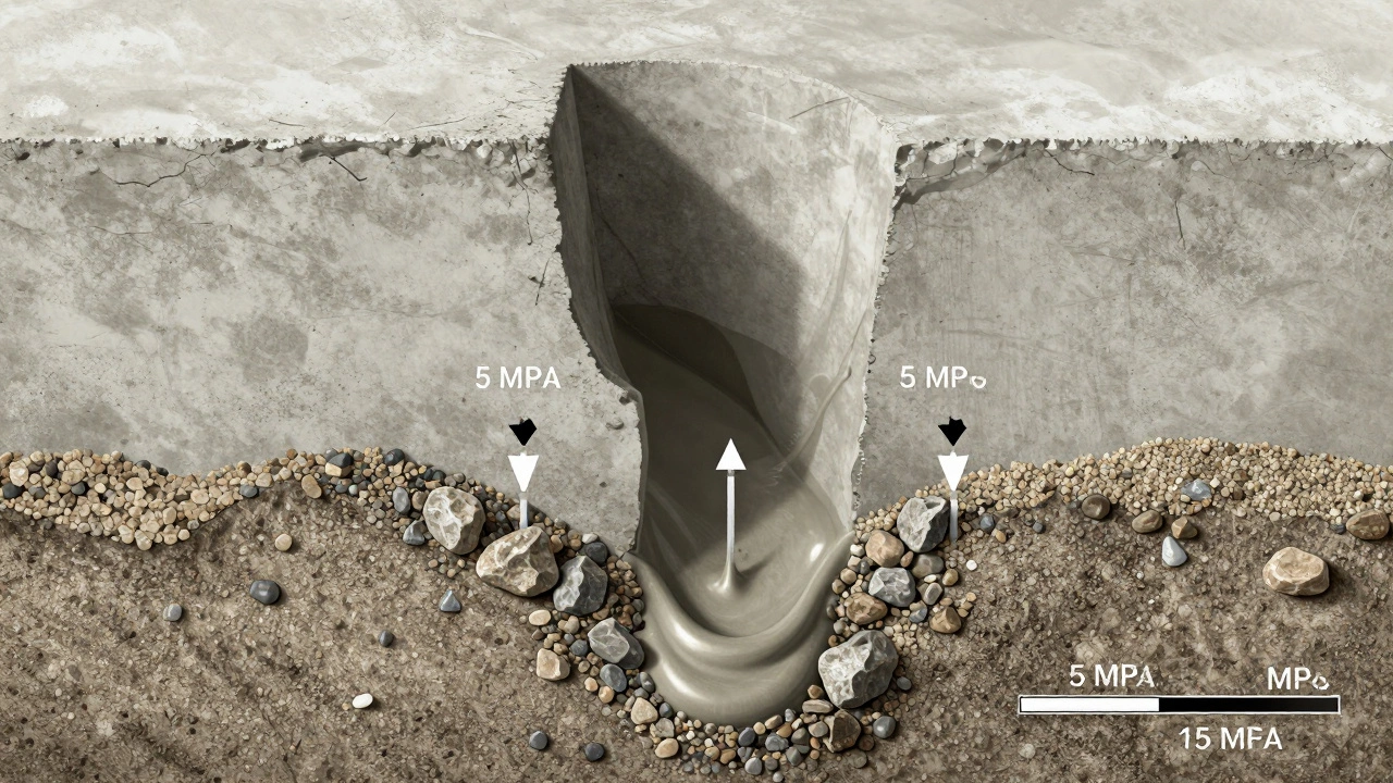 Разрез бетона с явными слоями: осевший щебень, всплывший цементный молоко и пустоты внутри.