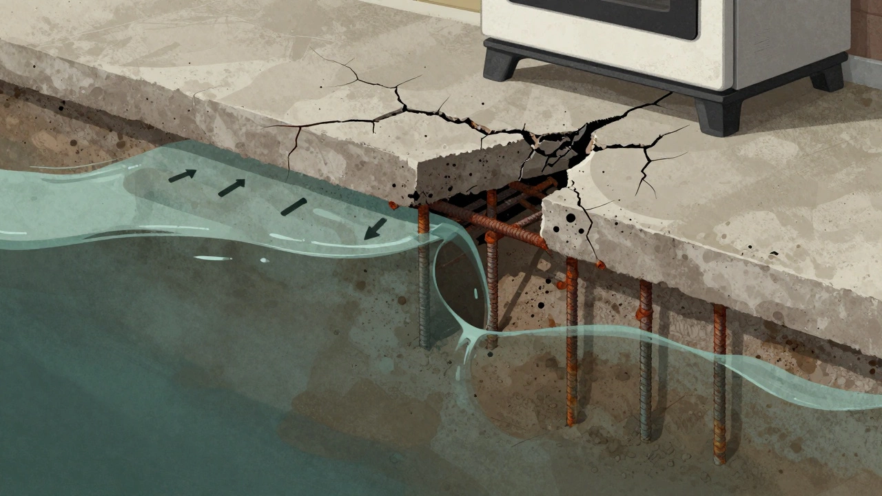 Разрез фундамента: вода размывает грунт, арматура ржавеет и разрушает бетон изнутри.