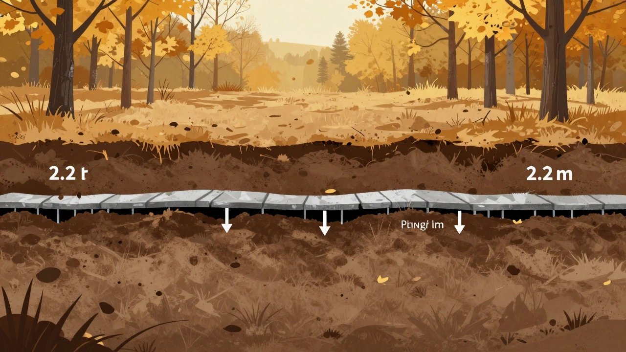 Разрез грунта в Сибири: показаны слои почвы, уровень промерзания и утеплённый фундамент под ним.