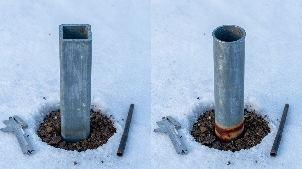 Сравнение двух столбов забора: квадратный целый и оцинкованный, круглый — погнутый и заржавевший.