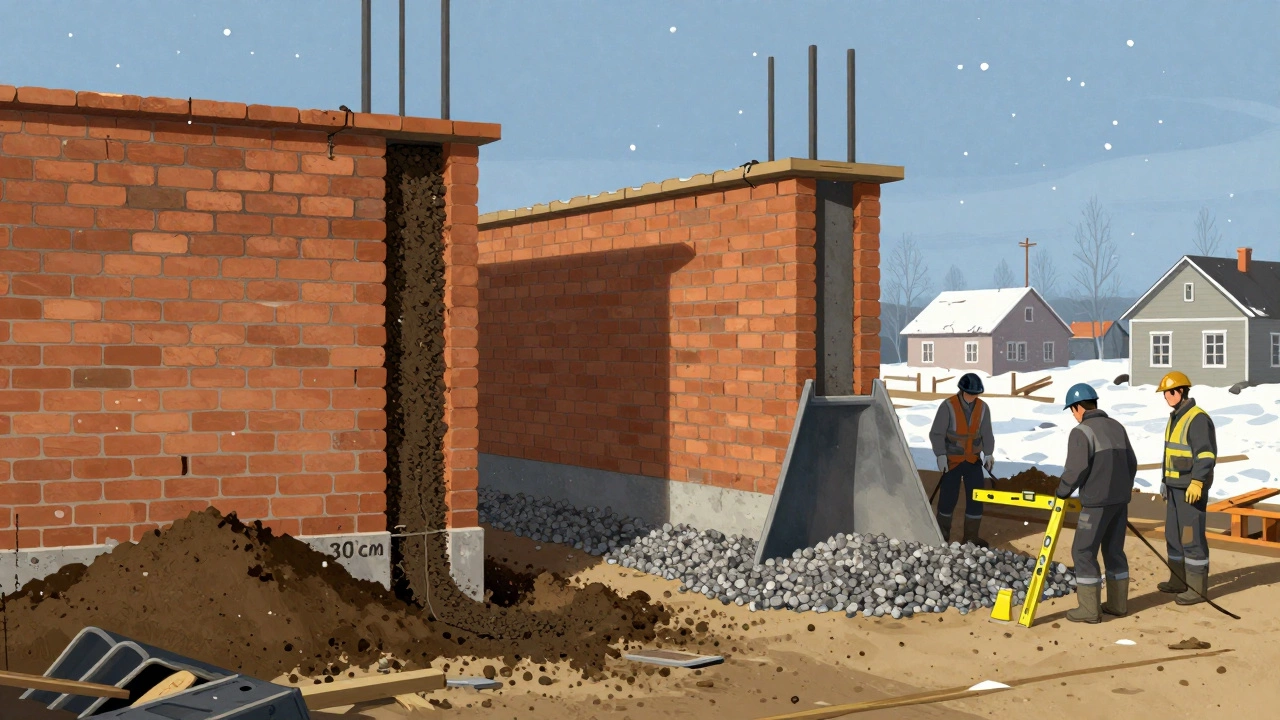 Строительная площадка в Сибири: два фундамента — узкий с проседанием и широкий с подушкой — под разными стенами.