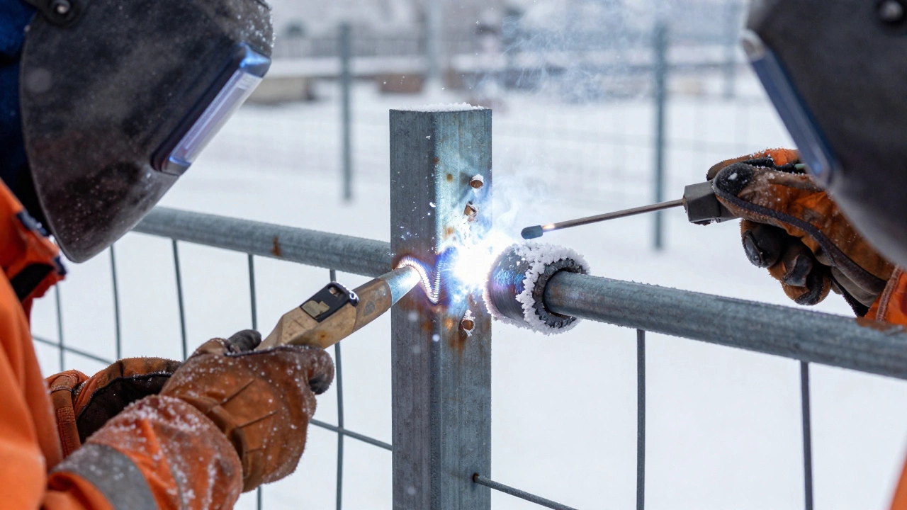 Сварщик в зимней одежде чинит квадратную трубу для забора, видны чистые швы и мороз в воздухе.