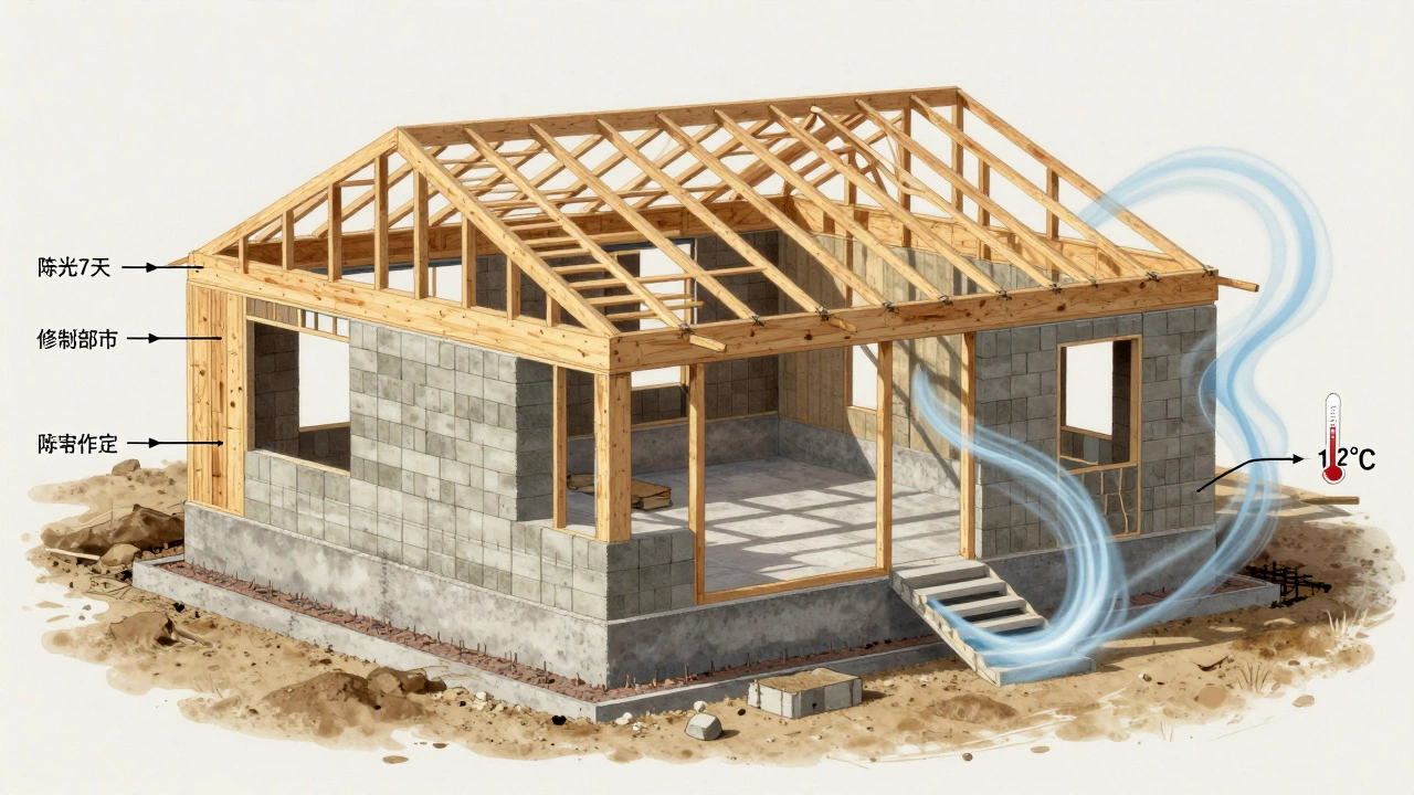 Технический разрез дома, показывающий слои строительства коробки и временные интервалы высыхания.