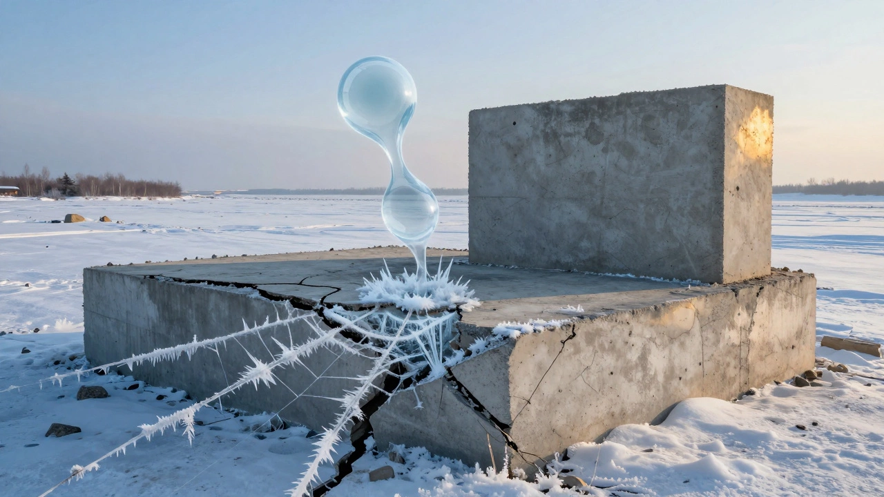 Трещины в замёрзшем бетоне на фоне идеально залитого фундамента под холодным зимним небом.