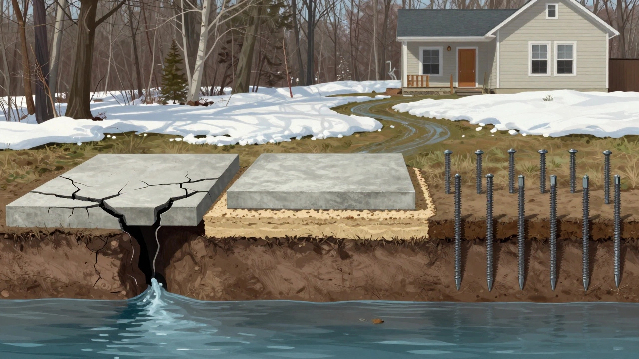 Три типа фундаментов: поврежденный, с подушкой и на сваях — сравнение решений для грунтовых вод.