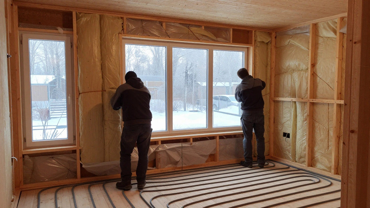 Установка окон и укладка системы теплого пола в доме в Сибири, видны слои утепления и гидроизоляции.